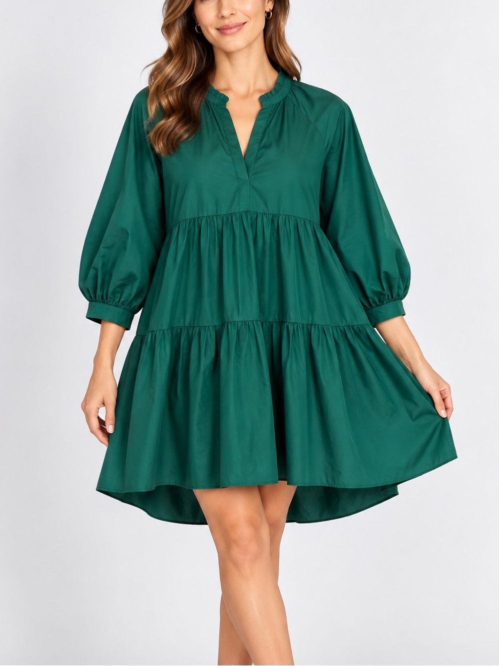 Zara Emerald Forest Green Tiered Mini Dress Ruffle V Neck Balloon Sleeve Boho M